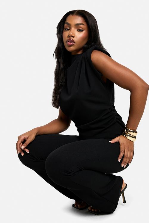 Scuba crepe shoulder pad top and flare set - black