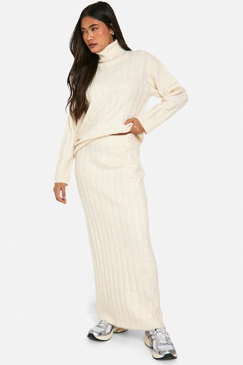 Wide soft rib roll neck jumper and maxi skirt co-ord - ecru