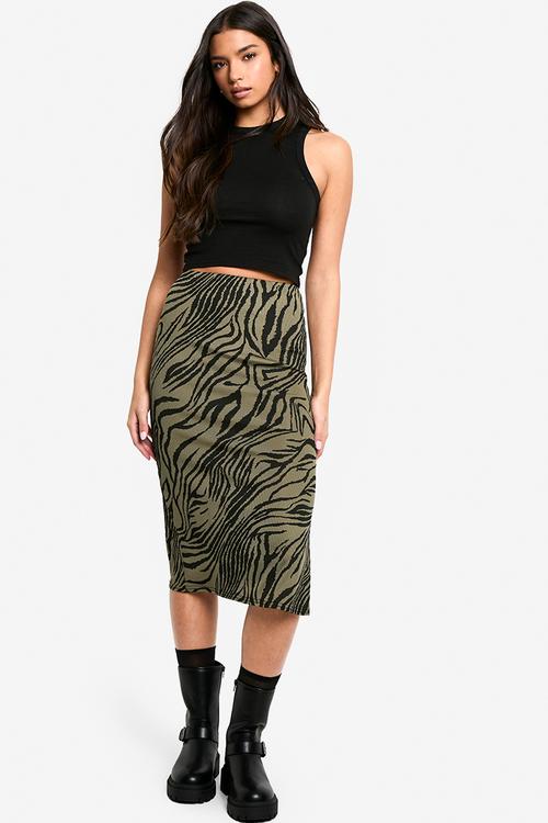 Zebra print rib side split midi skirt - khaki