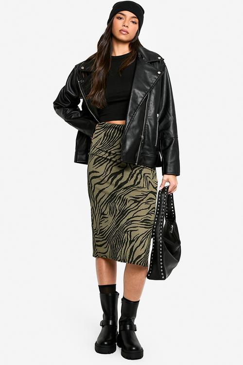 Zebra print rib side split midi skirt - khaki