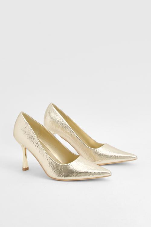 Wide fit metallic textured court shoes - gold