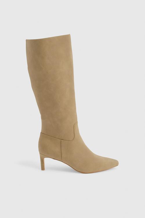 Wide fit nubuck knee high low heeled boots - taupe