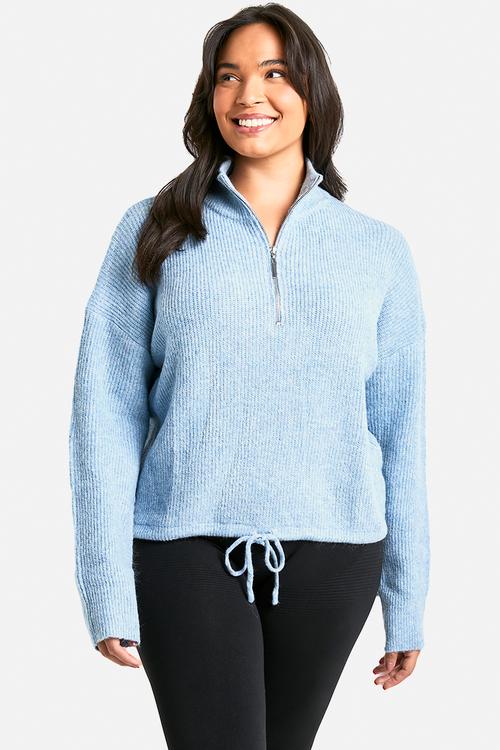 Plus drawstring zip funnel neck jumper - blue