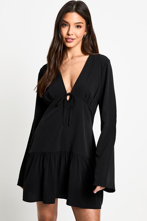 Long sleeve tiered smock dress - black