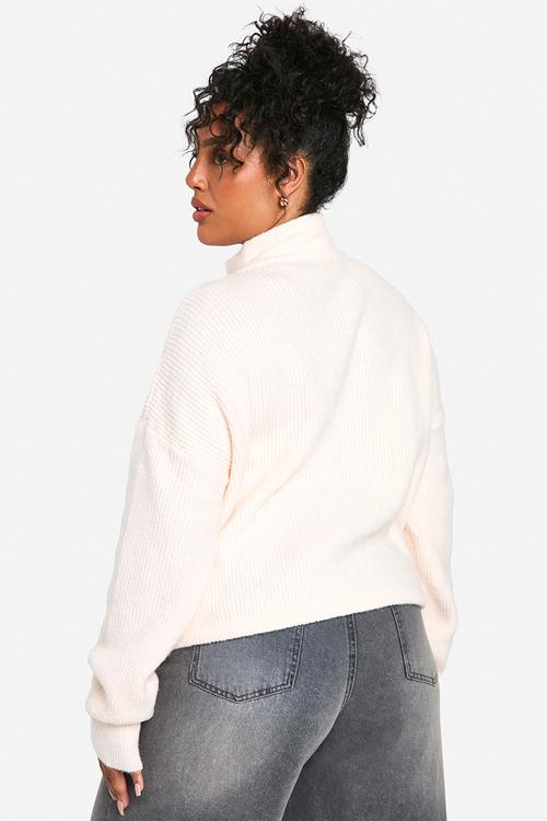 Plus drawstring zip funnel neck jumper - ecru