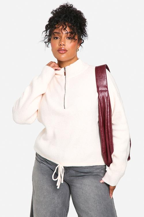Plus drawstring zip funnel neck jumper - ecru