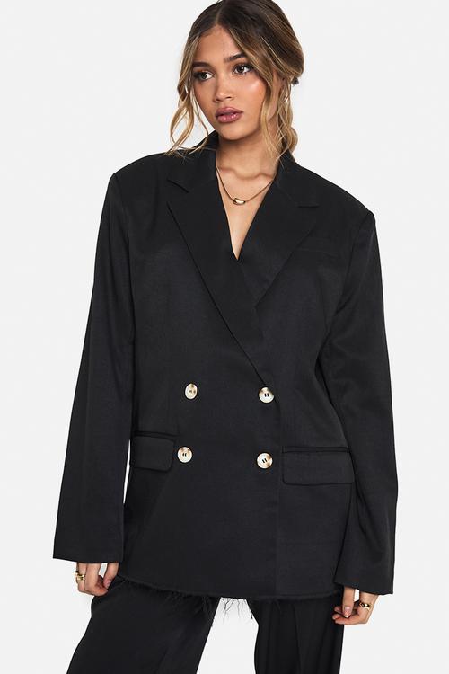 Woven tailored frayed hem blazer - black