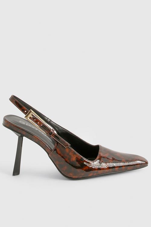 Square stiletto buckle slingback court shoes - brown