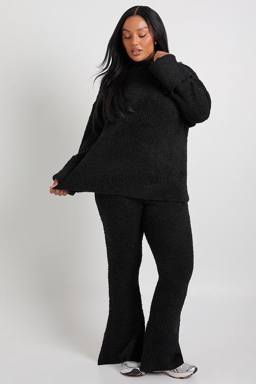 Plus borg high neck cuff detail knitted jumper and flare tr - black