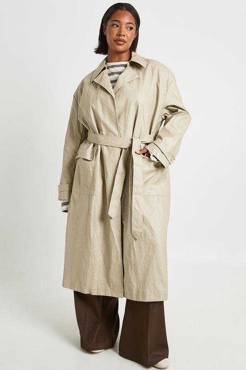 Plus vintage look faux leather trench coat - stone