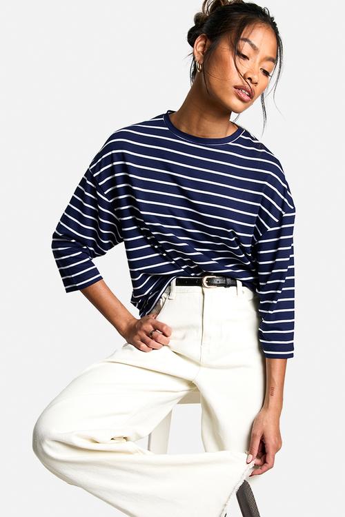 Stripe 3/4 sleeve crew neck top - navy