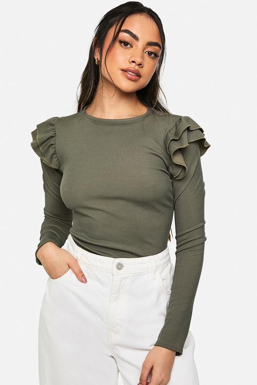 Ribbed frill shoulder long sleeve top - khaki