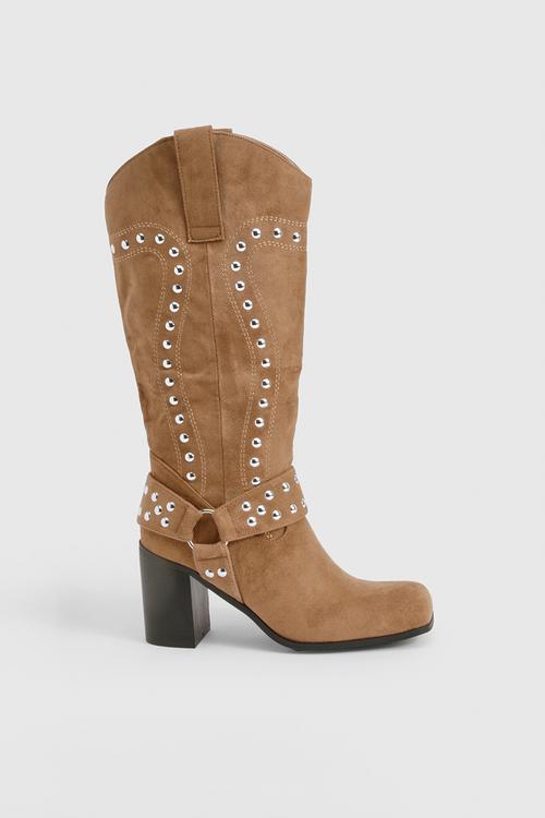 Faux suede square toe stud western boots - tan