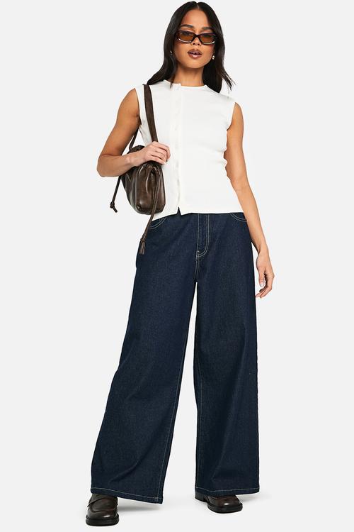 Heavy rib button through sleevless top - ecru