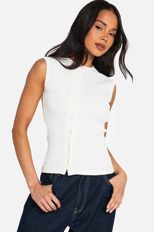 Heavy rib button through sleevless top - ecru