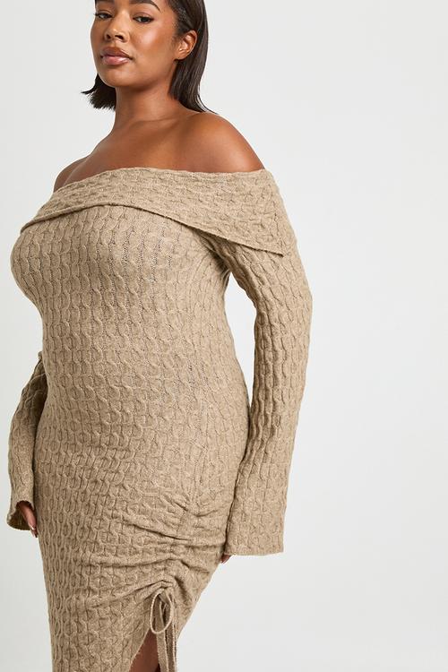 Plus soft cable asymmetric hem bardot maxi dress - mocha