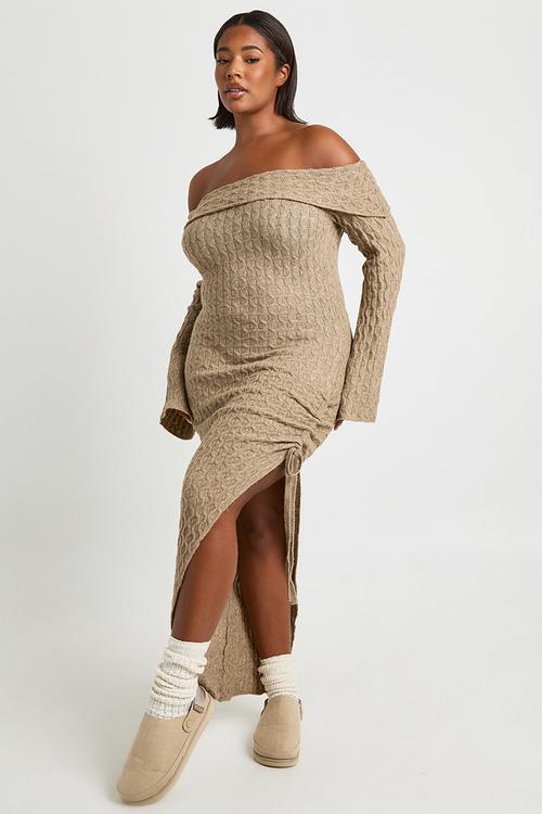 Plus soft cable asymmetric hem bardot maxi dress - mocha