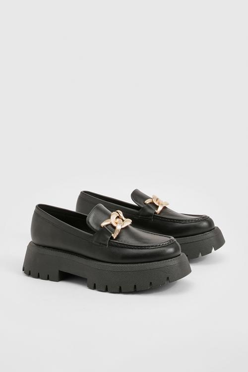 Wide fit chunky overlay strap hardware loafers - black
