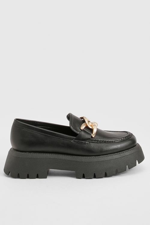 Wide fit chunky overlay strap hardware loafers - black