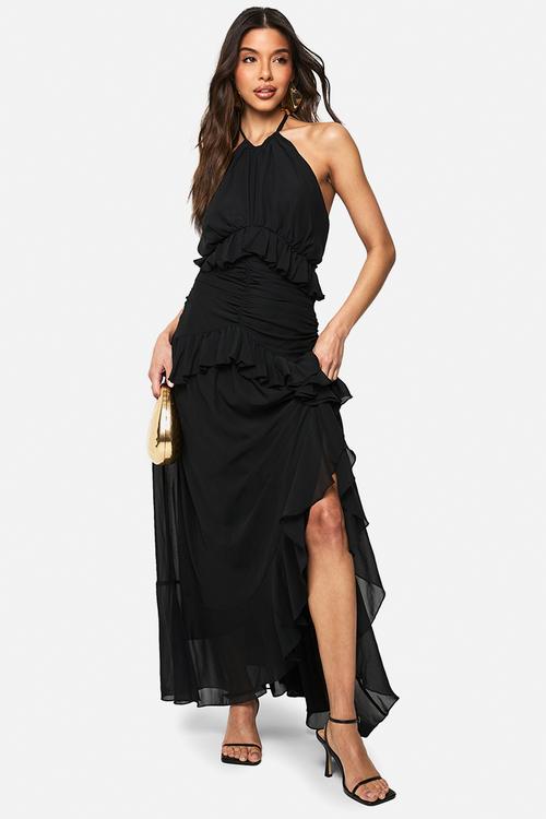 Halterneck chiffon ruffle detail maxi dress - black