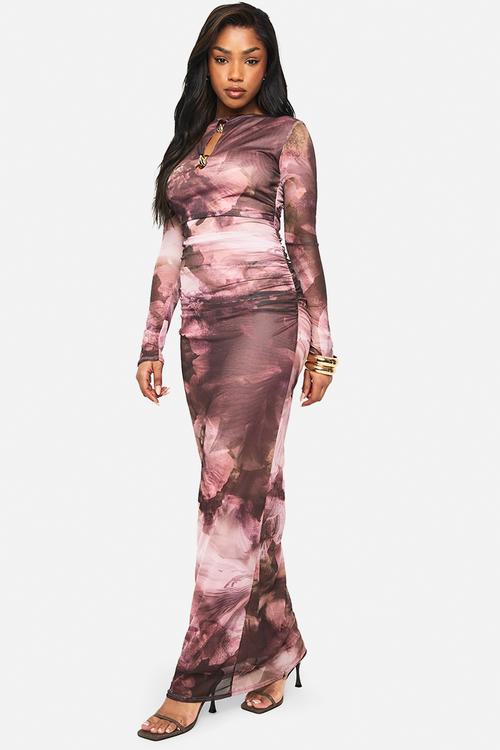 Floral printed mesh keyhole long sleeve maxi dress - pink