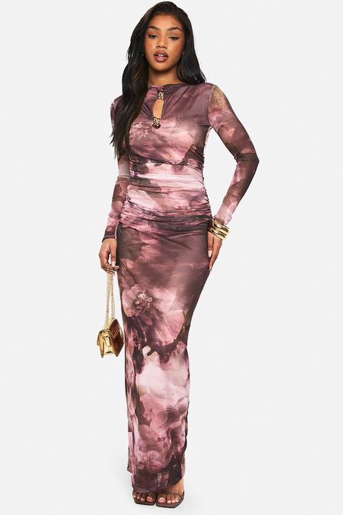 Floral printed mesh keyhole long sleeve maxi dress - pink