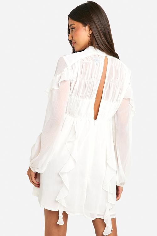 Crinkle chiffon funnel neck ruffle smock dress - ivory