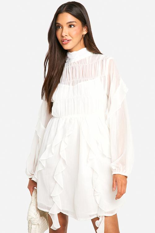 Crinkle chiffon funnel neck ruffle smock dress - ivory