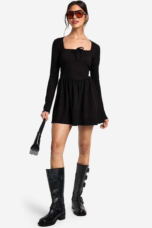 Tie neck detail smock mini dress - black