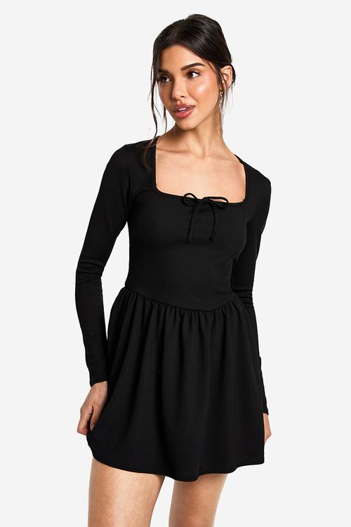 Tie neck detail smock mini dress - black