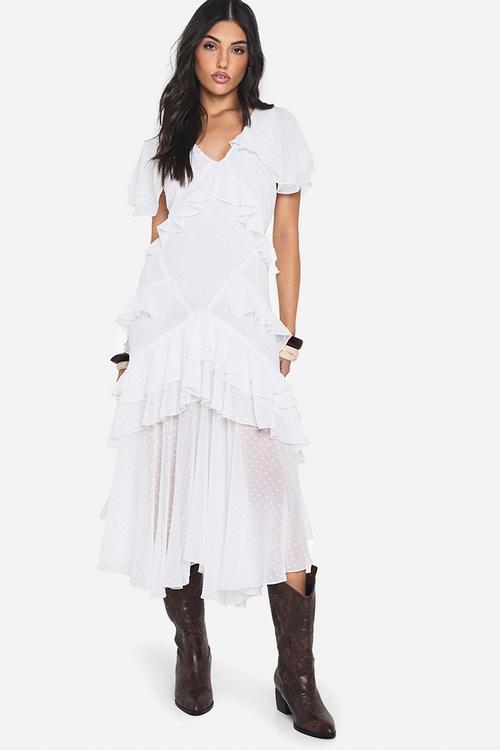 Dobby frill detail maxi dress - ivory