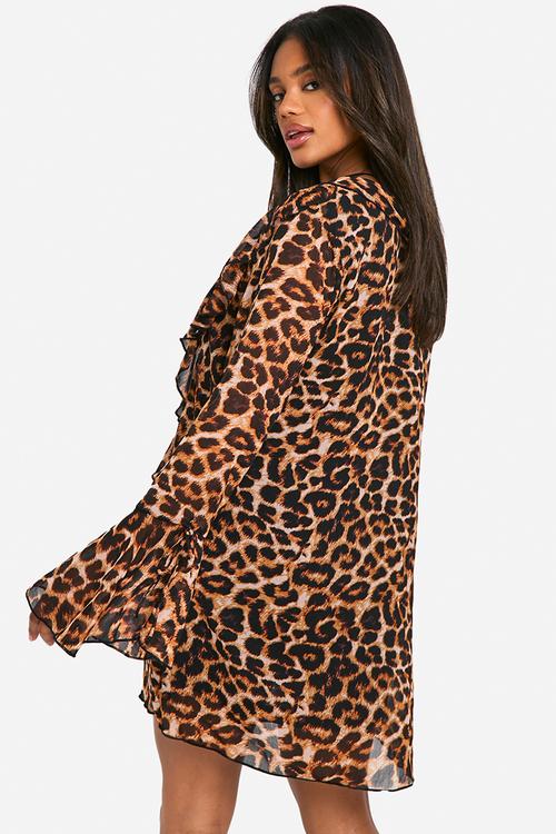Leopard ruffle shift dress - brown