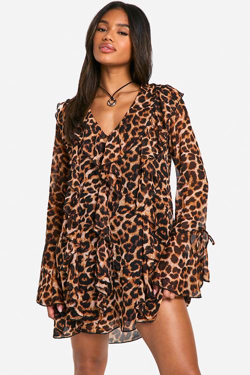 Leopard ruffle shift dress - brown