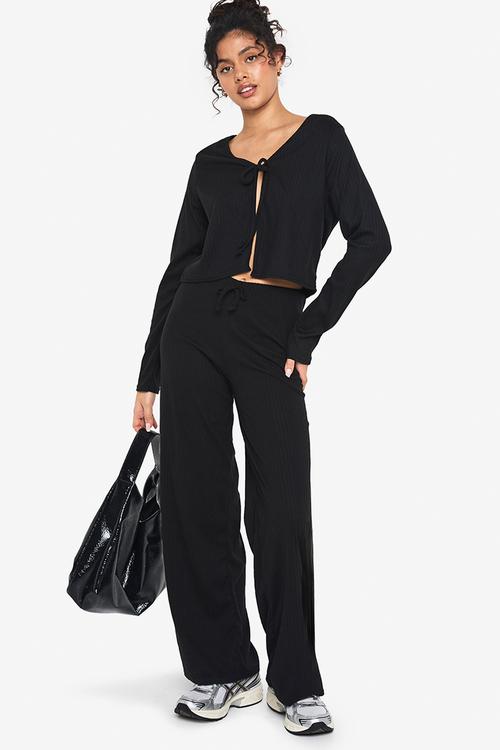 Rib tie front long sleeve top and drawstring straght leg tr - black