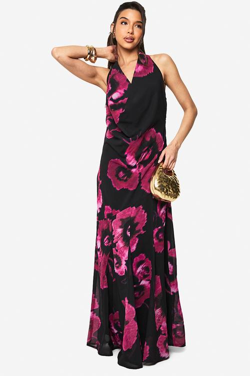 Floral chiffon halter neck cowl maxi dress - black