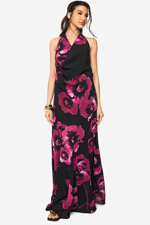 Floral chiffon halter neck cowl maxi dress - black