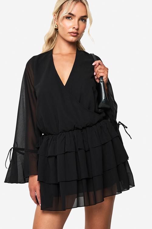 Chiffon long sleeve mini dress - black