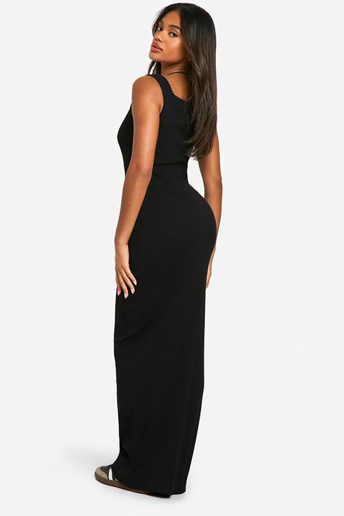 Lace trim rib square neck maxi dress - black