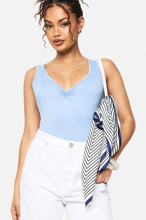 Super soft v neck ruched bust bodysuit - powder blue