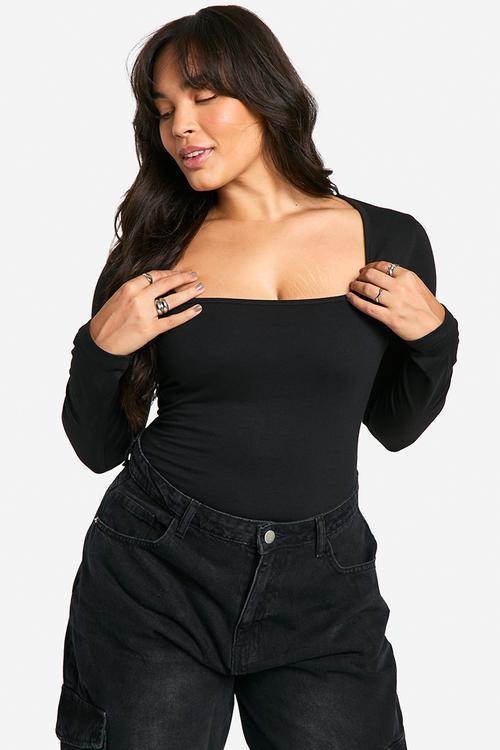 Boohoo basics plus cotton square neck long sleeve bodysuit - black
