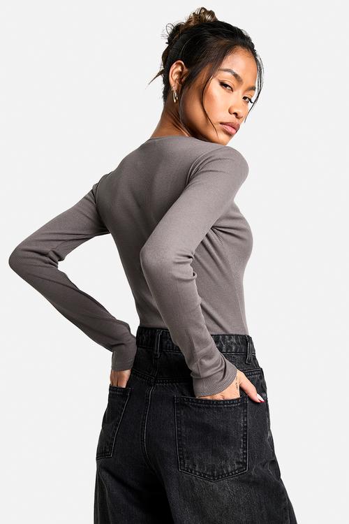 Boohoo basics 2 pack crew neck long sleeve bodysuit - charcoal