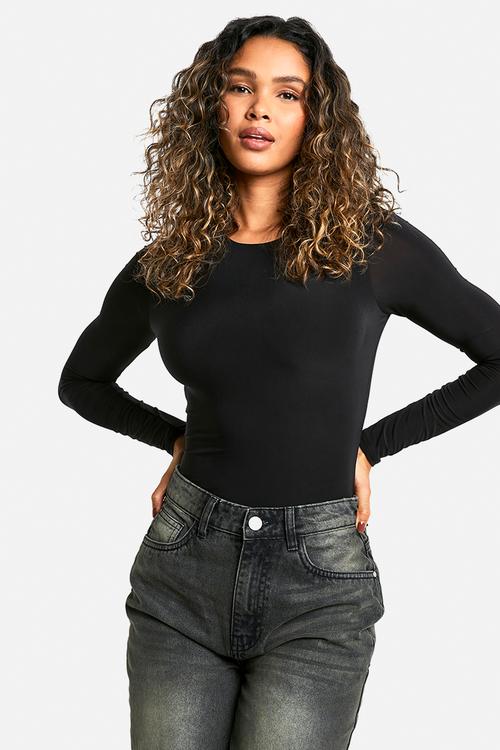 Double layer slinky long sleeve crew neck bodysuit - black