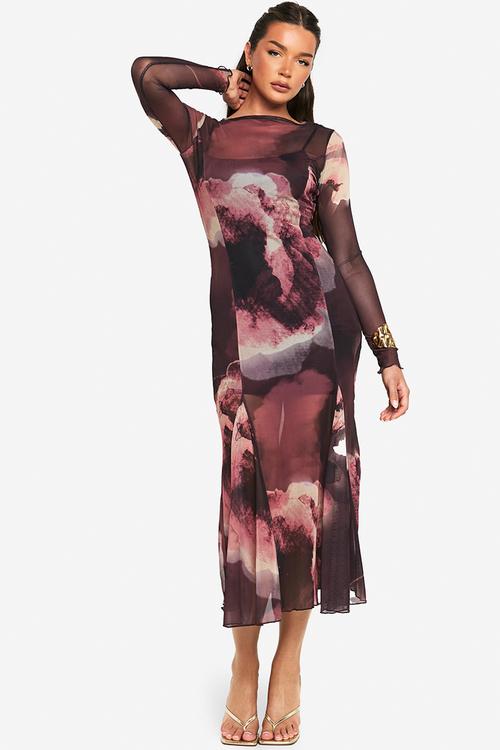 Slash neck floral mesh print godet hem midaxi dress - plum
