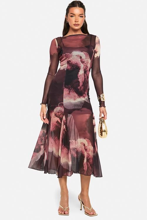 Slash neck floral mesh print godet hem midaxi dress - plum