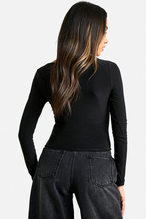 Double layer slinky square neck long sleeve top - black