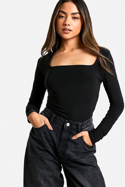 Double layer slinky square neck long sleeve top - black