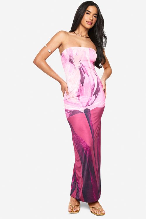 Bandeau floral printed slinky maxi dress - burgundy
