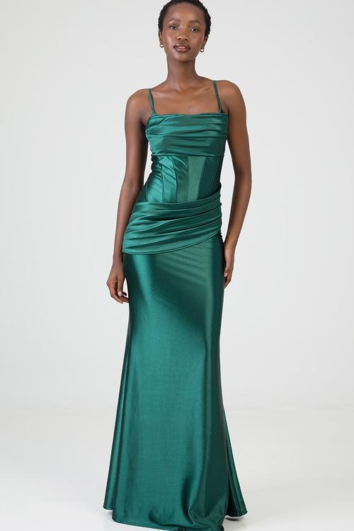 Free Fall: Maxi Dress With Corset Details And Pleats - Bottle Green
