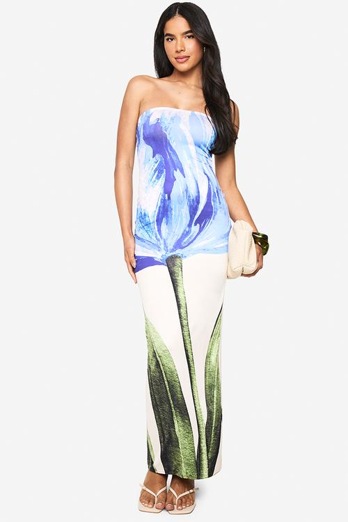 Bandeau floral printed slinky maxi dress - blue