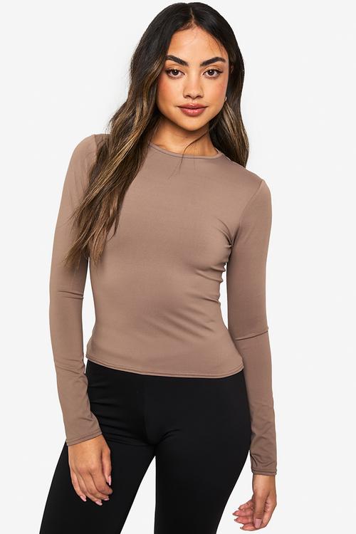 Soft slinky long sleeve crew neck top - camel